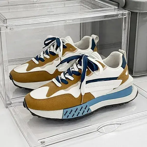 Mens Color-Matching Sneakers | Light-Reflective Low-Top Casual Shoes in Beige, Black, Olive