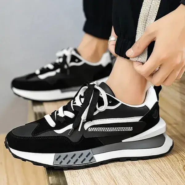 Mens Color-Matching Sneakers | Light-Reflective Low-Top Casual Shoes in Beige, Black, Olive