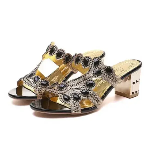 Womens Rhinestone Slippers | Elegant PU Chunky Heel Round Toe Shoes in Beige, Black, Green, Royal Blue